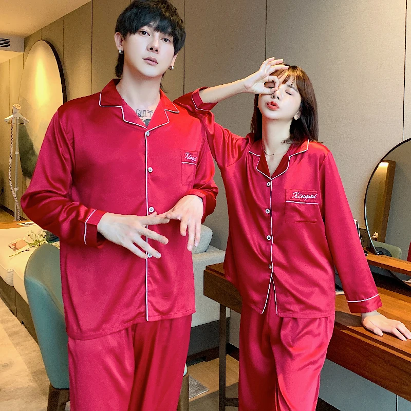 New Hot Couple Pajamas for Lovers Spring and Autumn Long-sleeved Couple Pajamas Women Cute Thin Ice Silk Men's Silk Home Service