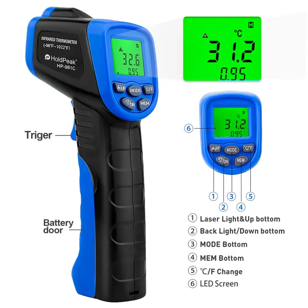 HoldPeak HP 981C 30 ~ 550'C/ 22 1022'F Температура метр Пистолет Бесконтактный Инфракрасный