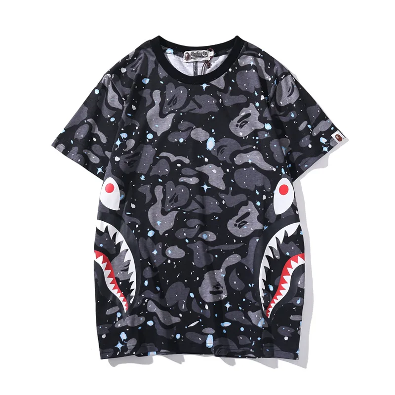 

2021 Spring and Summer Shark Mouth Starry Sky Printed T-shirt Youth Luminous Casual Short Sleeve