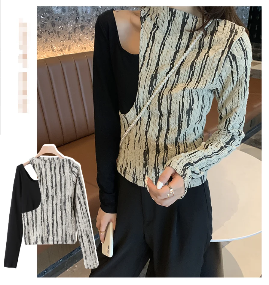 

Zcsmll designer women's T-shirt sexy evider women's shirt splicing T-shirt long sleeve women's top underwear women's clothing