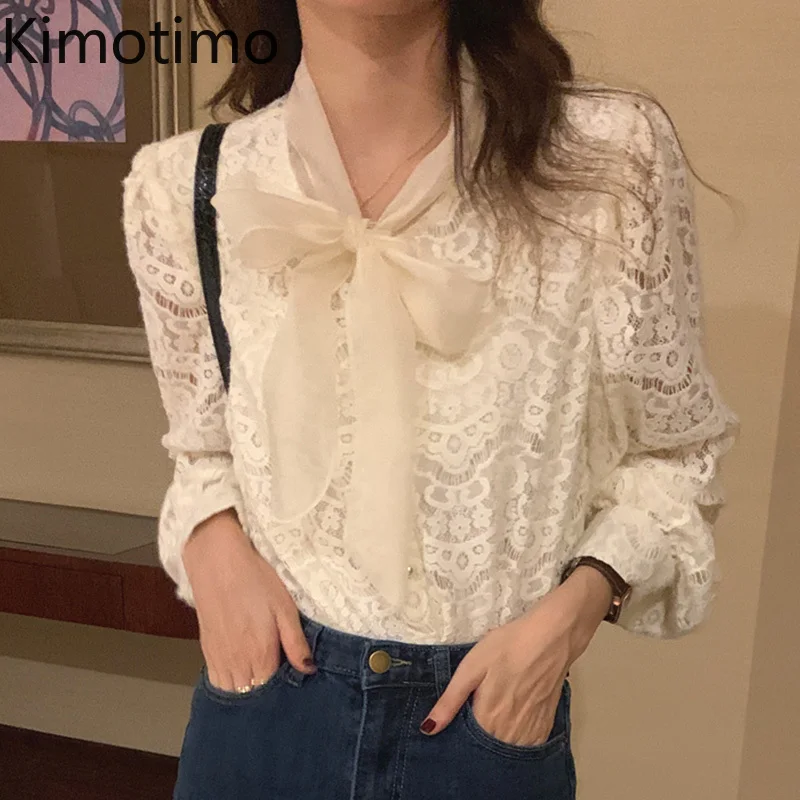 

Kimotimo Lace Shirts Women Korean Chic Elegant Bow Bandage Design Ladies Tops Autumn Winter Design Puff Sleeve Bottoming Blouse
