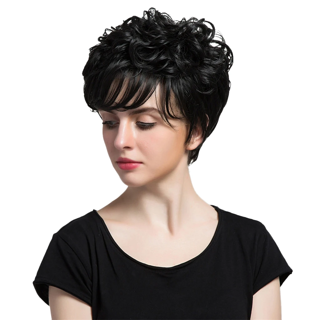 

Short Curly 100% Real Human Hair Wigs with Cap Resistant Black