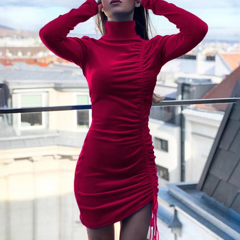

High Neck Bodycon Elegant Drawstring Winter Velvet Dress Women 2021 Long Sleeve Fall Clothes Ladies Short Tight Dresses