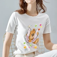 womens 26 english u letter t shirt fashion white cute cartoon bear print series ladies top casual round neck slim short sleeve