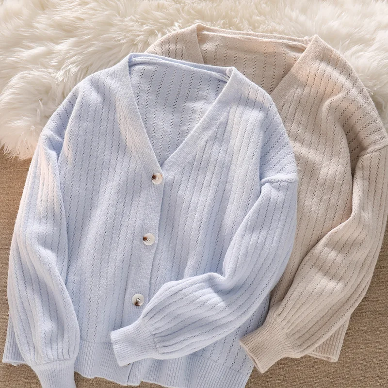 

Свитер-кардиган с V-образным вырезом, женская тонкая верхняя одежда, осень и зима 2021, новое свободное вязаное пальто для ленивых, куртка, Женс...