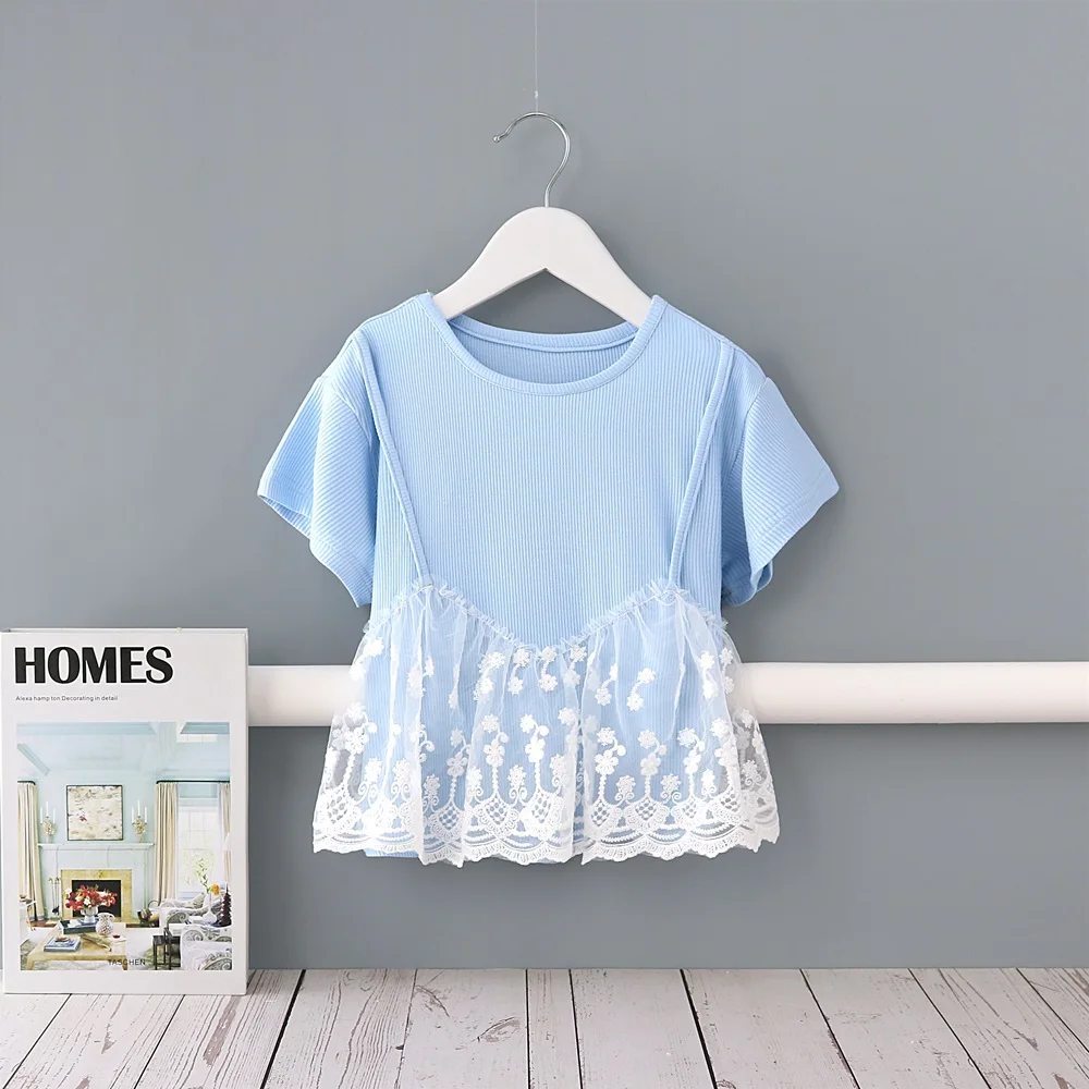 

Midoo Girls T-Shirts Children's Clothing Cute Lace Stretch O-Neck Half Sleeve Casual Summer Kids Cotton Tops Tees Clothes