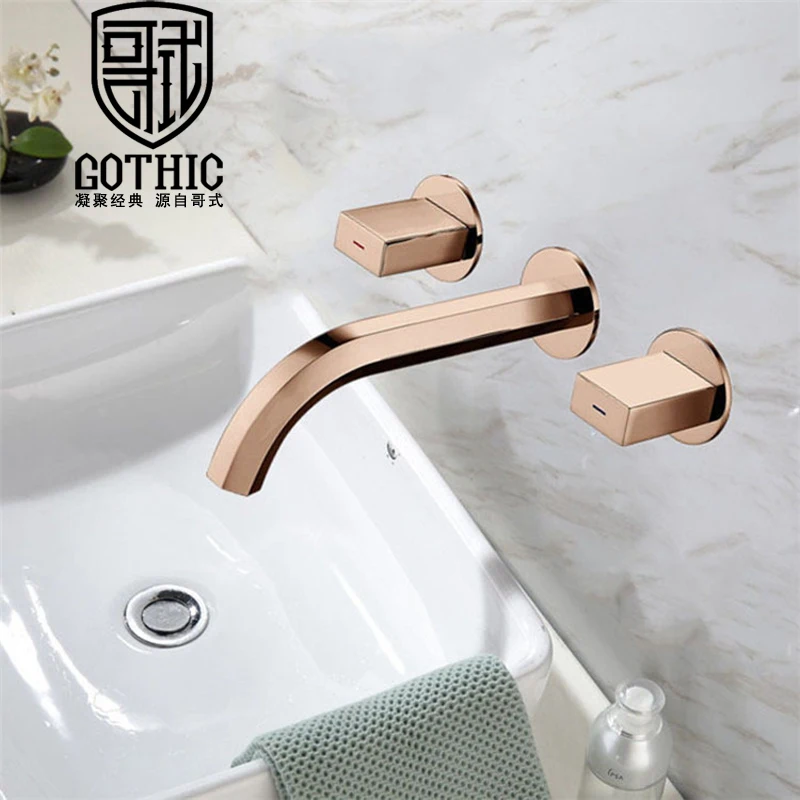 

Bathroom Faucet Brass Wall Mounted Hidden Basin Faucet Rose Gold European Style Double Handle Hot and Cold Washbasin Sink Tap