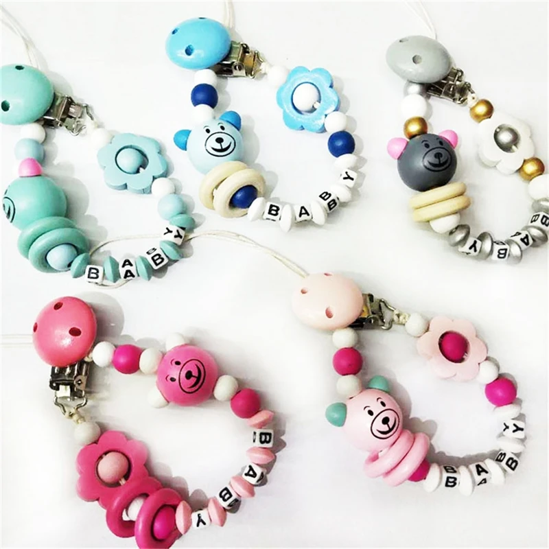 

Baby Pacifier Clip Feeding Accessories Newborn Chain Safety Smooth Cartoon Animal Bead Colorful Letter Printed Holder
