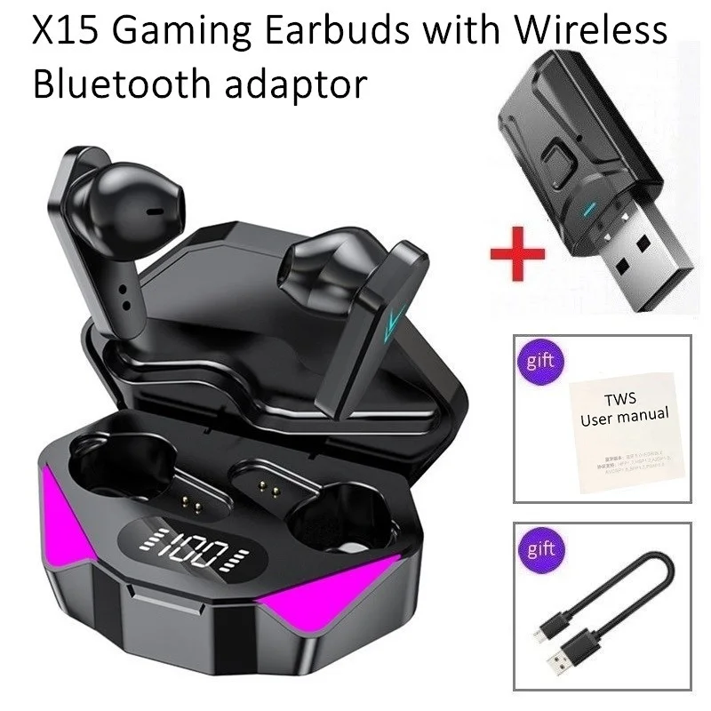 

X15 Gaming Earbuds Wireless Bluetooth Earphone Low Latency CVC8.0 Noise Reduction Bass Headset USB Adaptor for TV PC Phone Gamer