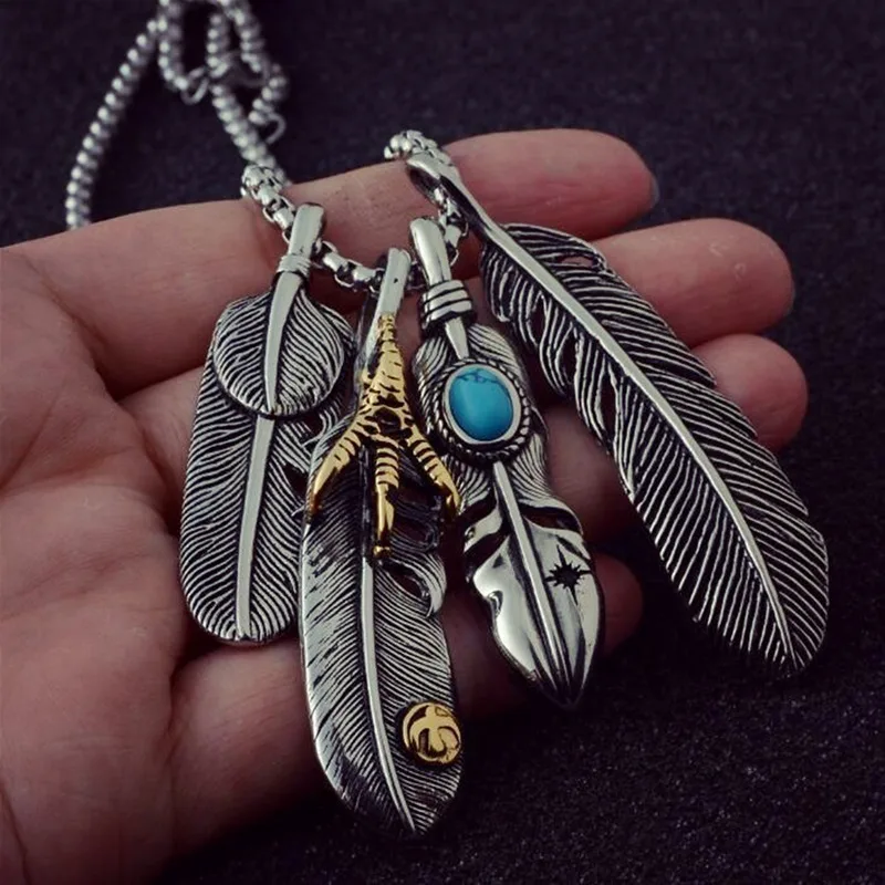 

Vintage Feather Eagle Claw Pendant Necklaces Men Boho Antique Silver Color Leaf Long Necklace For Women Summer Beach Jewelry