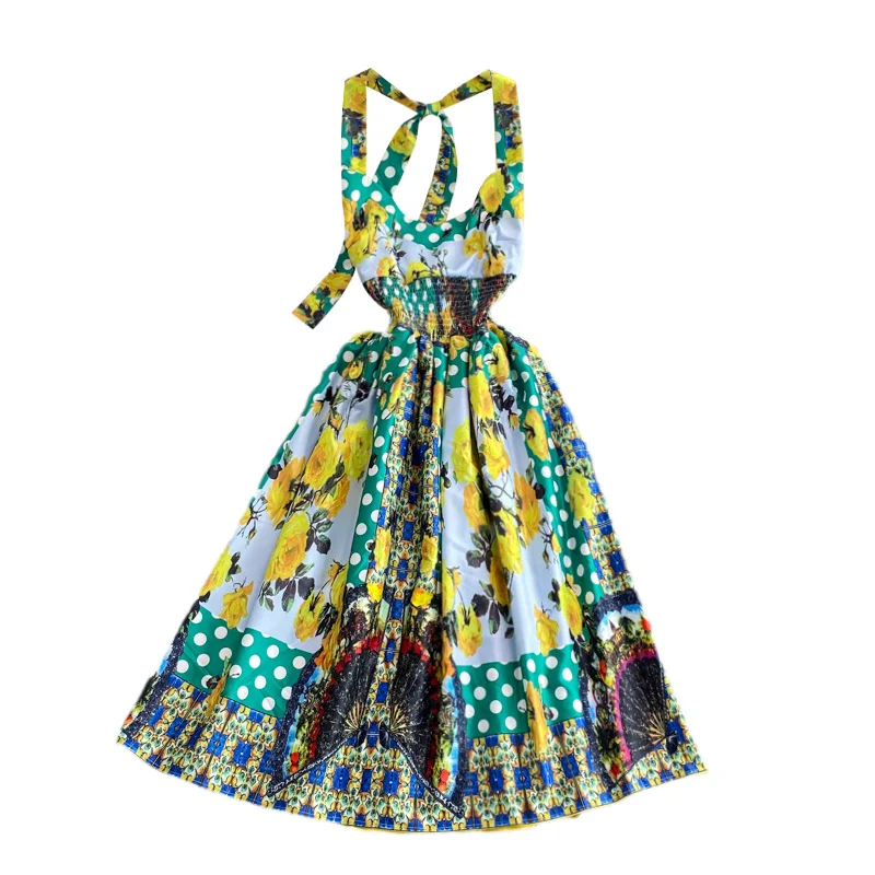 

Seaside Holiday Beach Dress Women Sexy Printed Spaghetti Strap Dress Summer New Waist Slim V-neck Off Shoulder Dresses