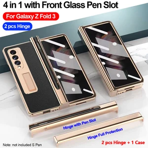 2 pcs hinge for samsung galaxy z fold 3 5g case with s pen slot front screen glass stand holder litchi leather cover no s pen free global shipping