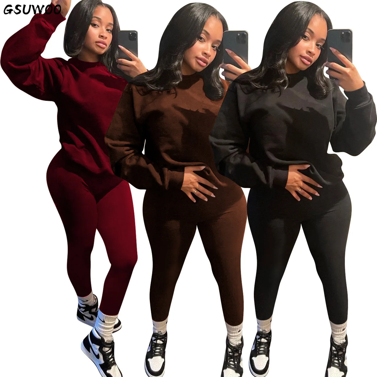 

GSUWOO Women Spring Long Sleeve Sets Solid Color Casual Sweatshirt Legging Pants Two Pieces Basic Tracksuit Outfits Clothes Suit
