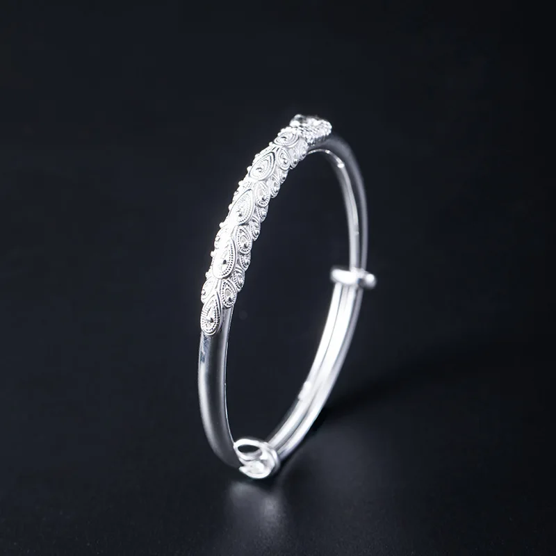 

New S999 Sterling silver retro peacock bangle female ins tide Chinese style net red temperament silver bracelet