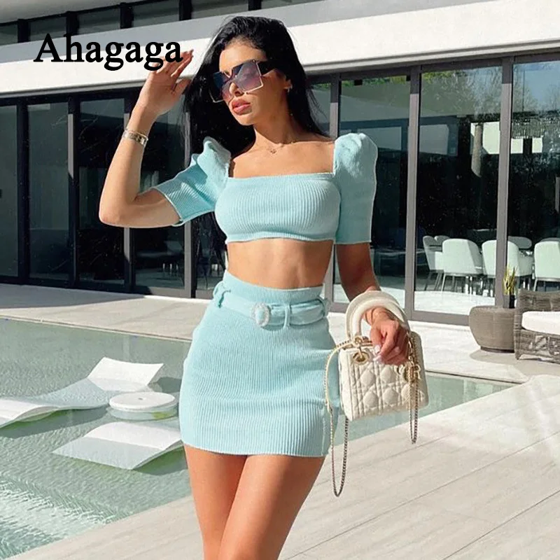 

Ahagaga 2021 летний комплект из 2 предметов женская модная короткая футболка + мини-юбка с поясом однотонная Сексуальная уличная одежда женский с...