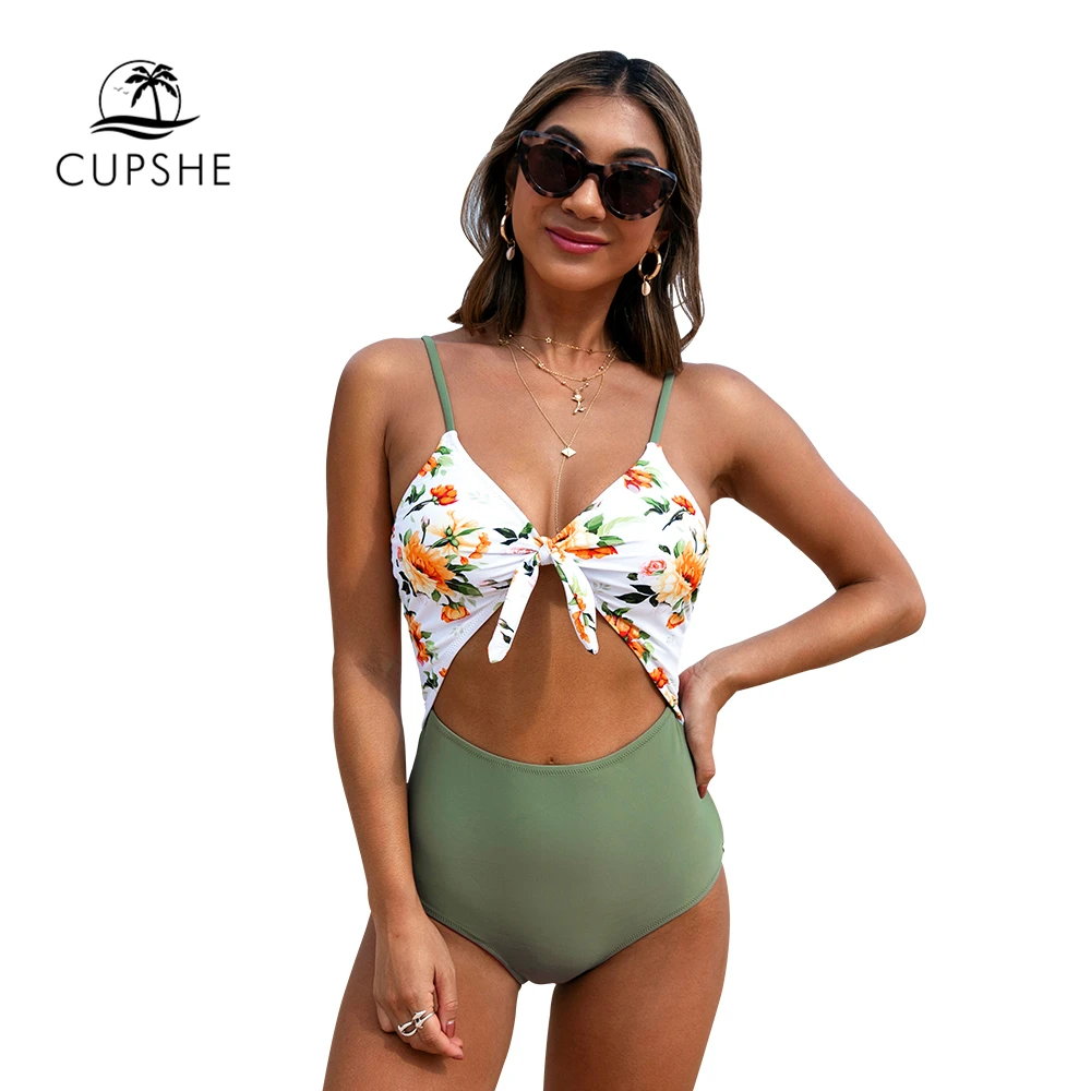 Зеленый слитный купальник CUPSHE с цветочным узелком пикантный женский монокини