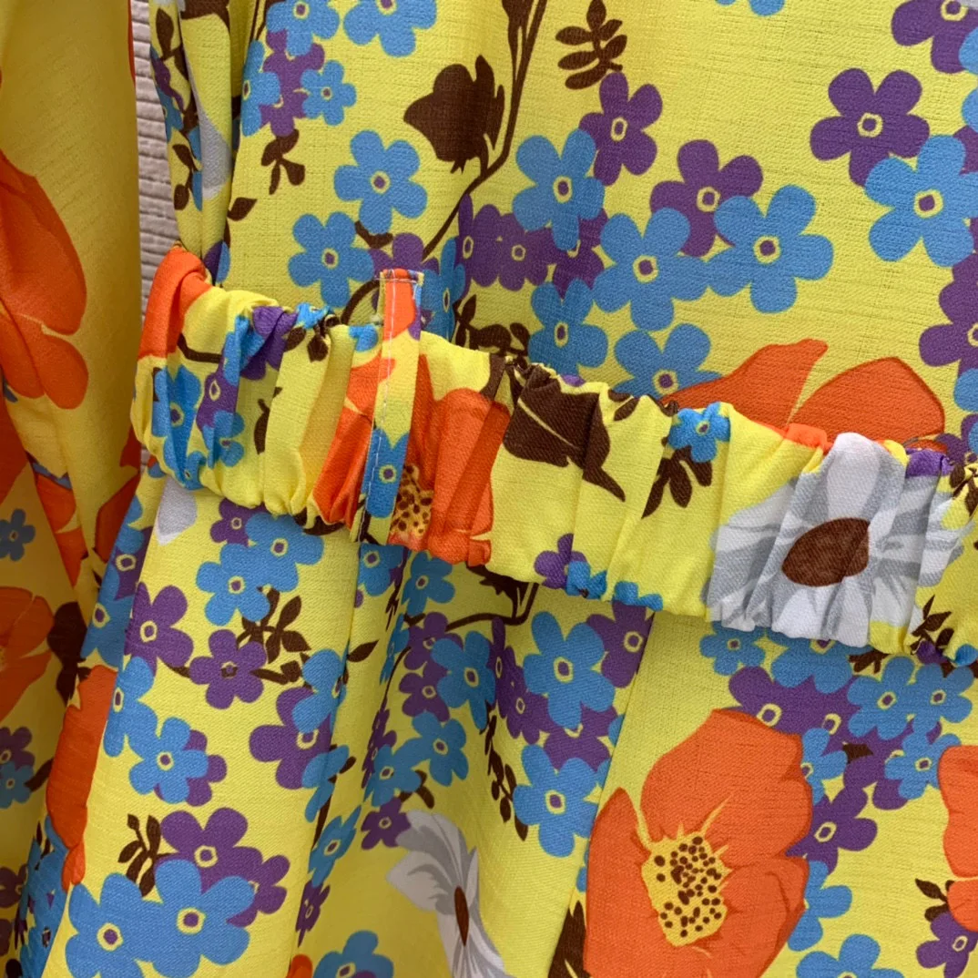 

High quality printing fashion women's Lantern Sleeve one-piece shorts elegant Lapel waist slim dress