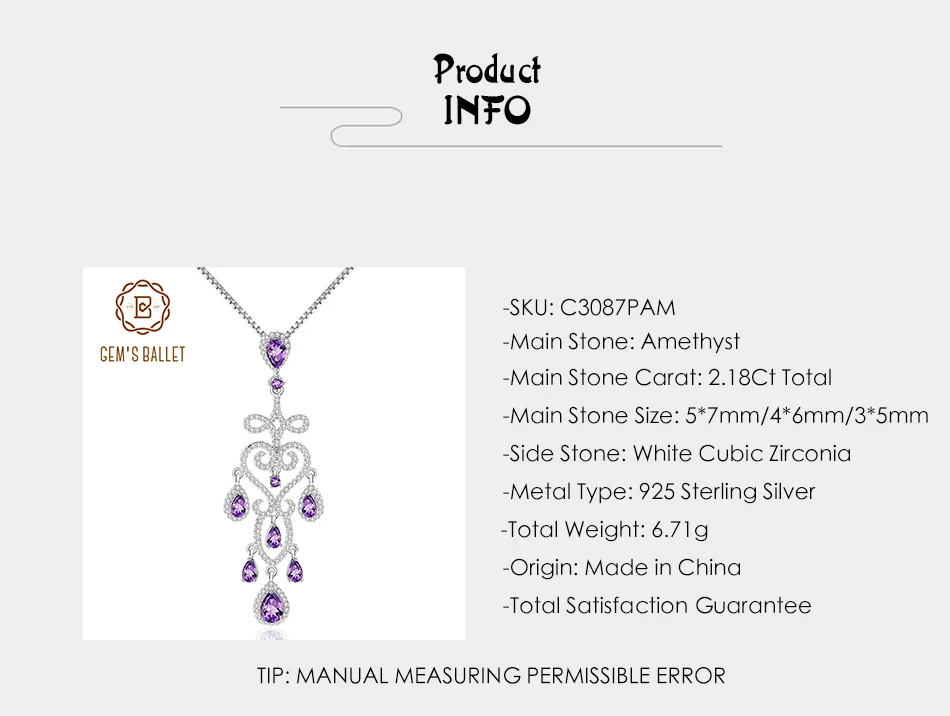 GEM'S балет 2.18Ct натуральный фиолетовый spar кулон 925 пробы серебряные ожерелья и подвески ювелирные украшения для женщин Свадебные