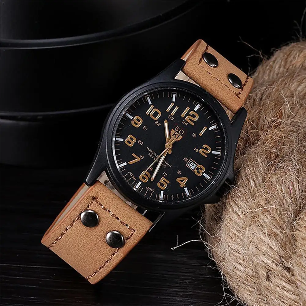 

Hot new Korean fashion trend quartz personality frosted calendar leather men's with watch casual I3O4