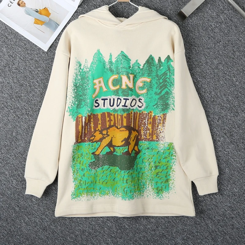 

Женская толстовка с капюшоном, новинка 2021 на раннюю осень, свободный свитер в стиле унисекс с мультяшным принтом со стразами