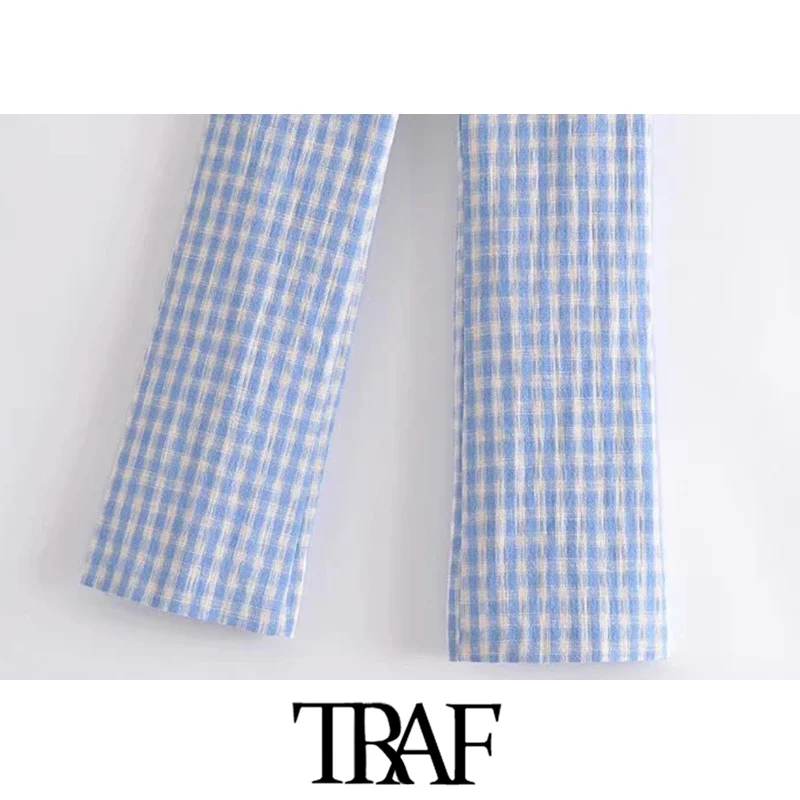 

TRAF Women Fashion False Pockets Gingham Mini Flared Pants Vintage High Waist Zipper Fly Female Ankle Trousers Mujer