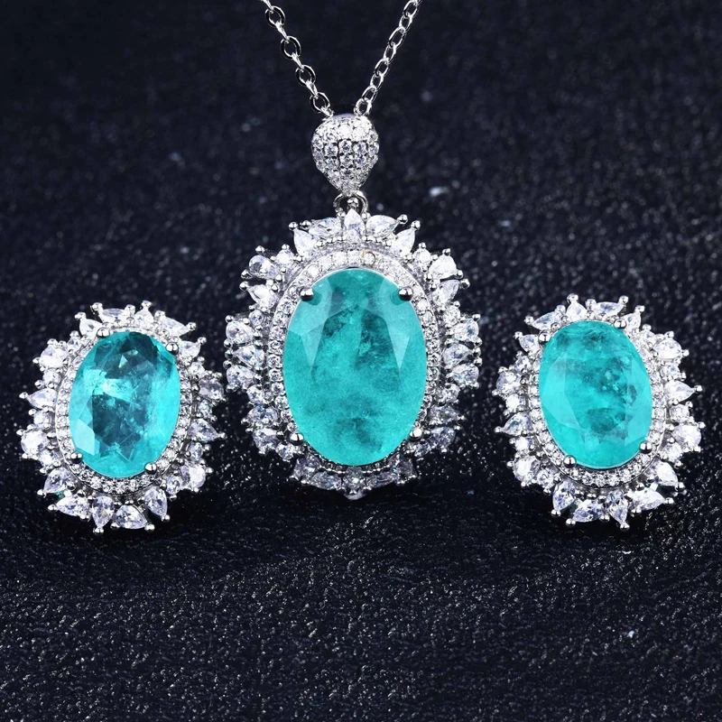 

Europe America Luxury Oval Jewelry Set Paraiba Tourmaline Stone Delicate Necklace Earrings For Women Wedding Anniversary Gift