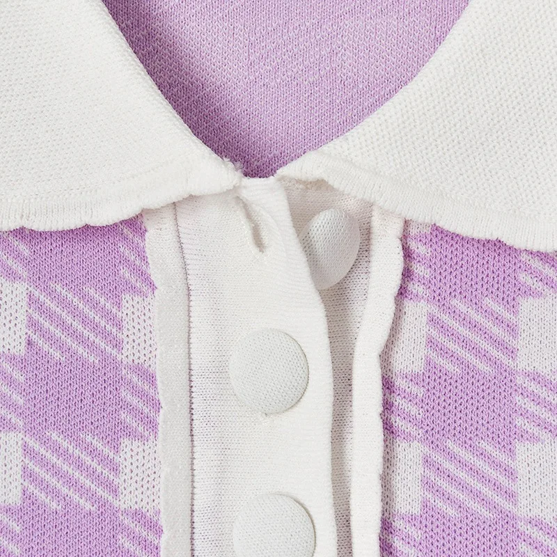 

Mozision Patchwork Plaid Two Piece Set For Women Lapel Short Sleeve Sweater Single Breasted Skirt Ladies 2021 Casual Knitted Set