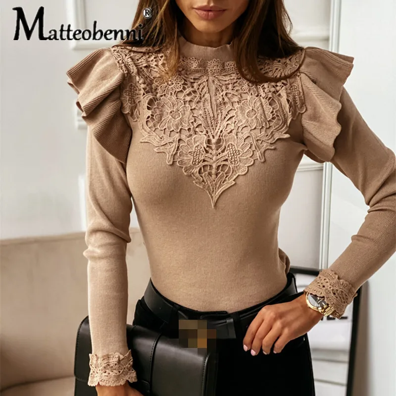 

Women Autumn Solid Lace Patchwork Sweater Office Ladies Long Butterfly Sleeve Pullover Casual Knitted O Neck Female Slim Sweater