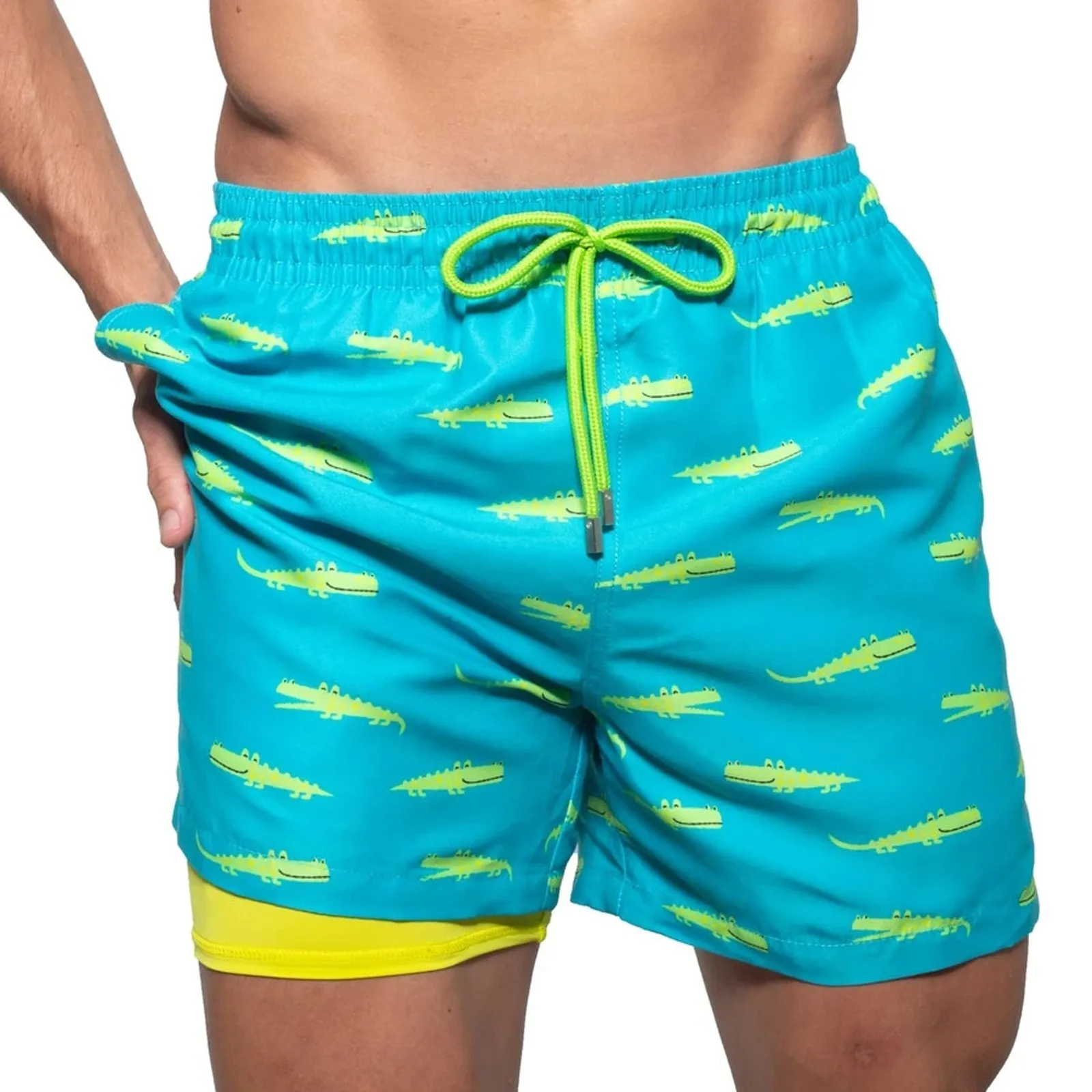 

Men Drawstring Special Beach Casual Built-in Compression Liner Swim Trunks Beach Board Shorts Swimming Short Beachwear