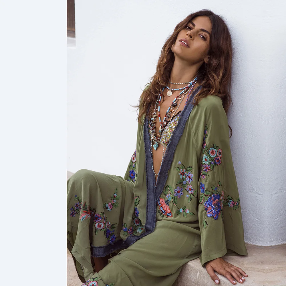 2020 Summer Floral Embroidered Beach Maxi Dress Bishop Long Sleeve For Women Vintage Boho Chic Style Loose Cover up Long Dresses