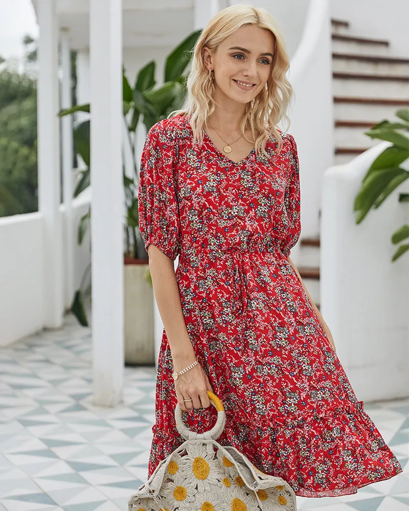 

Fashion Women's Dress New Summer Casual V-neck Pullover Floral Print Elastic Waist Drawstring Short-sleeved Dress Donsignet