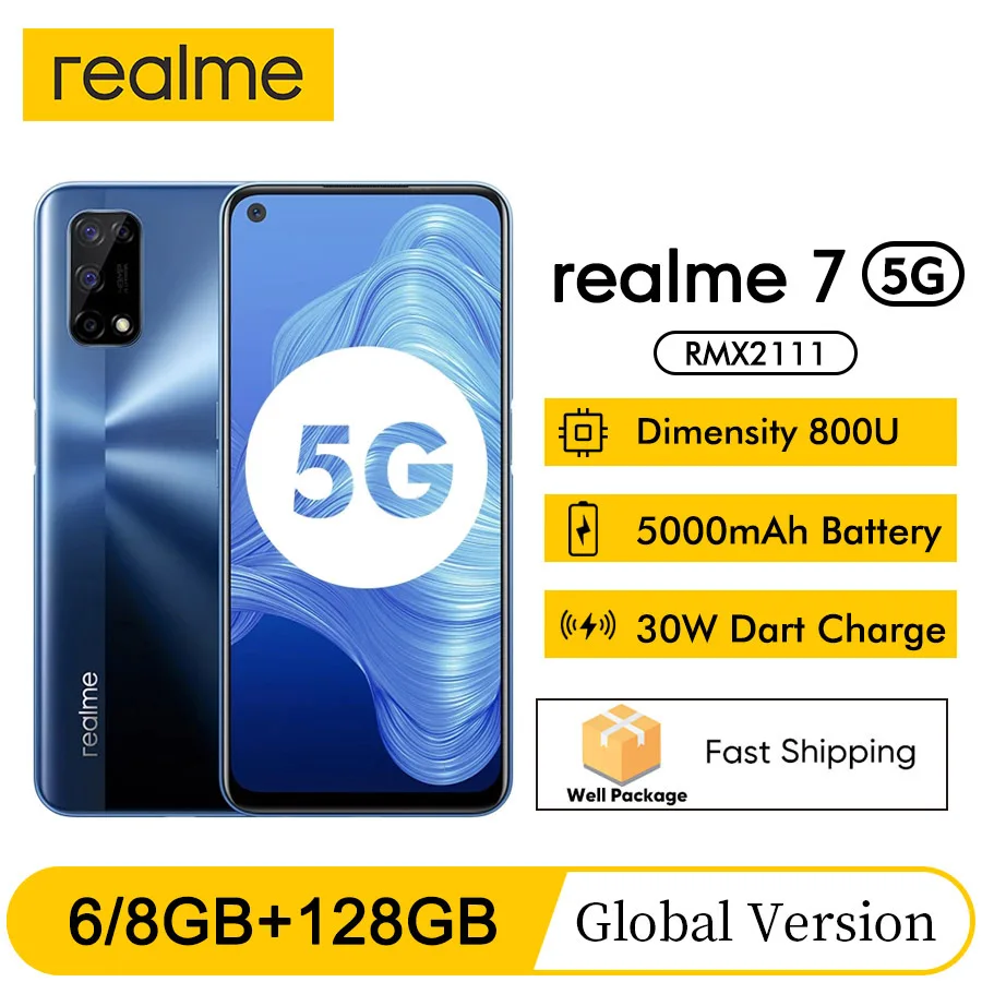 Realme 7 5G 6 5 ''FHD + Dimensity 800U 6/8 ГБ 128 120 Гц Дисплей 48MP Камера 5000 мА/ч 30W Дротика зарядка