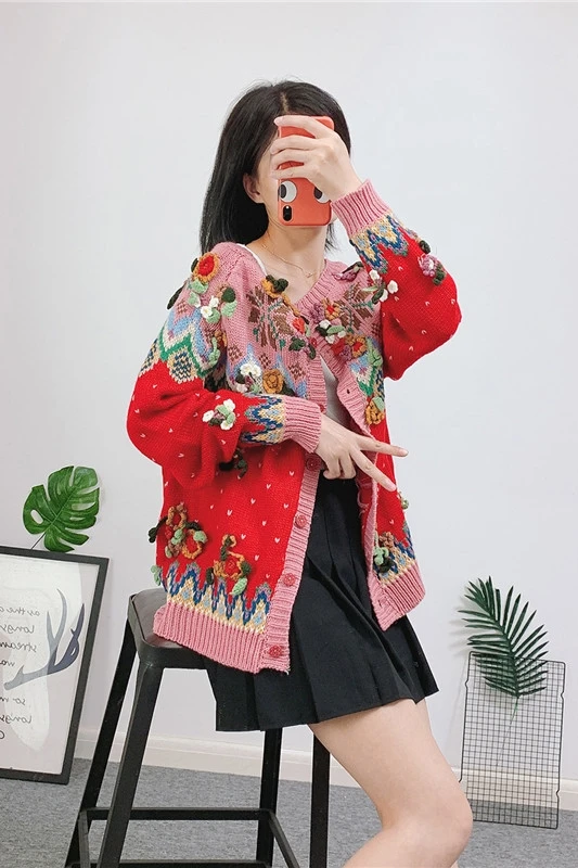 Ancient sweater early autumn hand knitted three-dimensional flower wheel college bright sweater cardigan woman