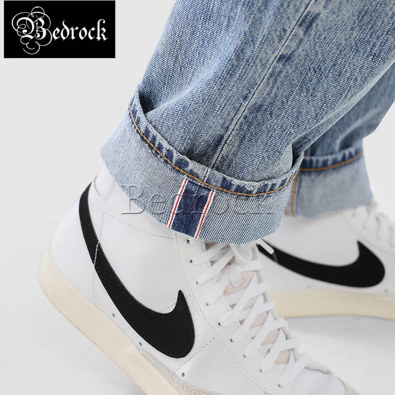 MBBCAR 11oz jeans for men 2021 casual retro distressed light blue snowflake white selvedge slim washed raw denim jeans 7321