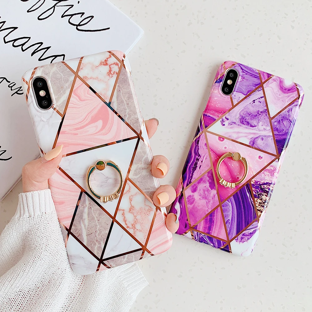 Чехол для телефона LOVECOM для iPhone 11 Pro XR XS Max 6 6S 7 8 Plus X Мягкая Гальваническая мраморная задняя крышка с кольцом на палец