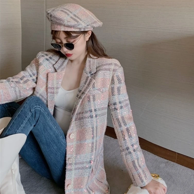 

British design sense Sequin Plaid WOOLEN THICK Western garment coat