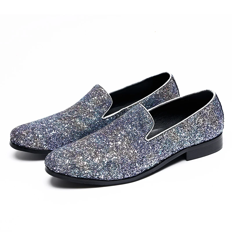 

Christia Bella British Style Shinny Silver Sequins Men's Dress Shoes Handmade Slip on Flats Loafer Shoes Men Party Leather Shoes