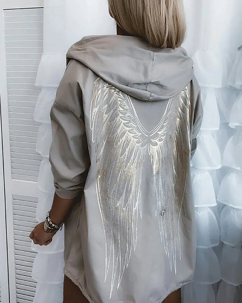

Hooded Coat Women Wing Print Long Sleeve Coat