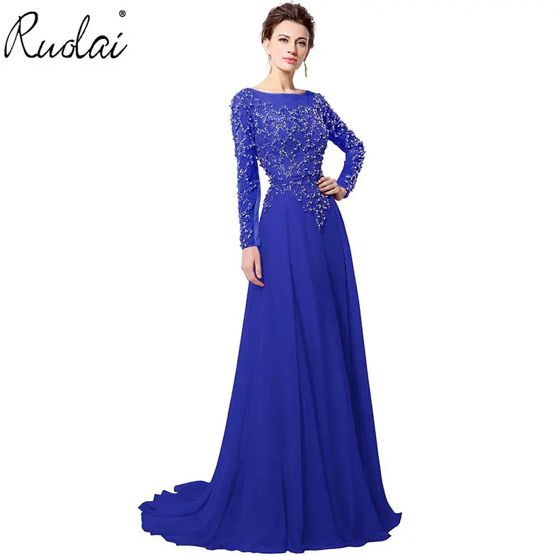 In Stock Pink Luxury Evening Dresses Long Full Sleeve with Sash A-Line Beaded Patrty Gown vestidos de fiesta noche | Свадьбы и