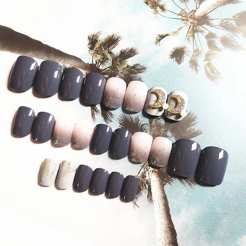 24pcs / Set Fake Nail Haze Blue Pearl Moon Short Wear Finished Full Cover Artificial Wearable Nails With Glue | Красота и здоровье