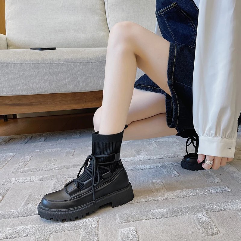 spesifikasi Sepatu Bot Musim Gugur Wanita Kaus Kaki Kain Lentur Kasual Wanita Pop Bagus Sepatu Bot Platform Sepatu Wanita Diikat Silang Mode