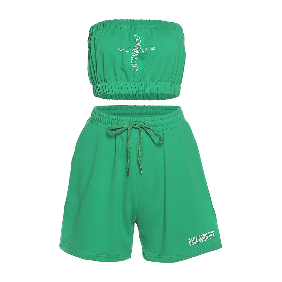

Sylcue Summer 2021 ladies strapless corset shorts set slim green solid 2-piece set backless corset street style Casual Clothing