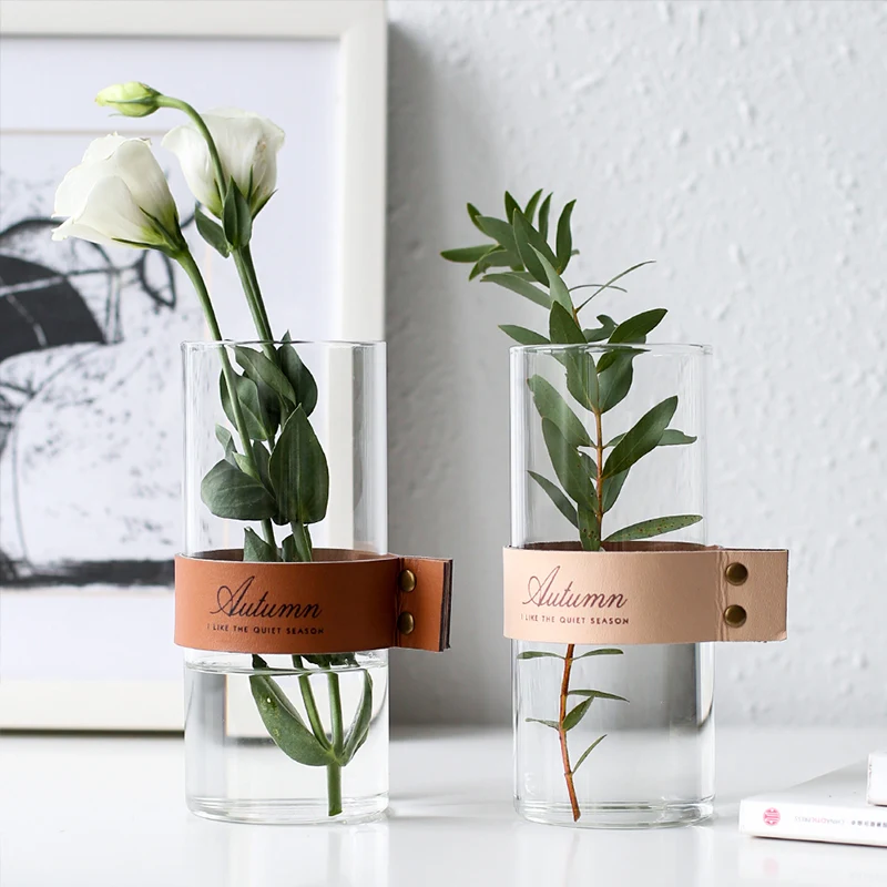 

Nordic Creative Glass Flower Vase Leather Body Cover Household Decor Hydroponics Planting Bottle