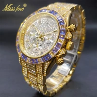 luxury gold men watch waterproof stainless steel iced bracelet purple diamond watches for male three dial work sport trend clock