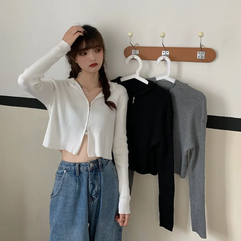 

Photo Shoot Net Price Autumn New Style Hooded Double Zipper Long Sleeve Short Knitted Cardigan Coat Female