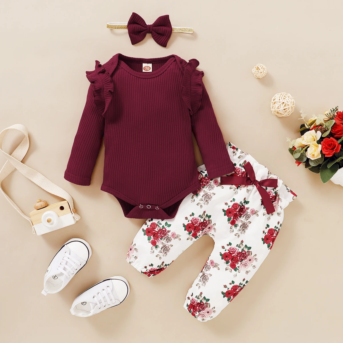 

Newborn Girls Spring Outfits Baby Girl Clothes Solid Green Pink Ruffles Long Sleeve Romper Floral Print Pants Headband Set