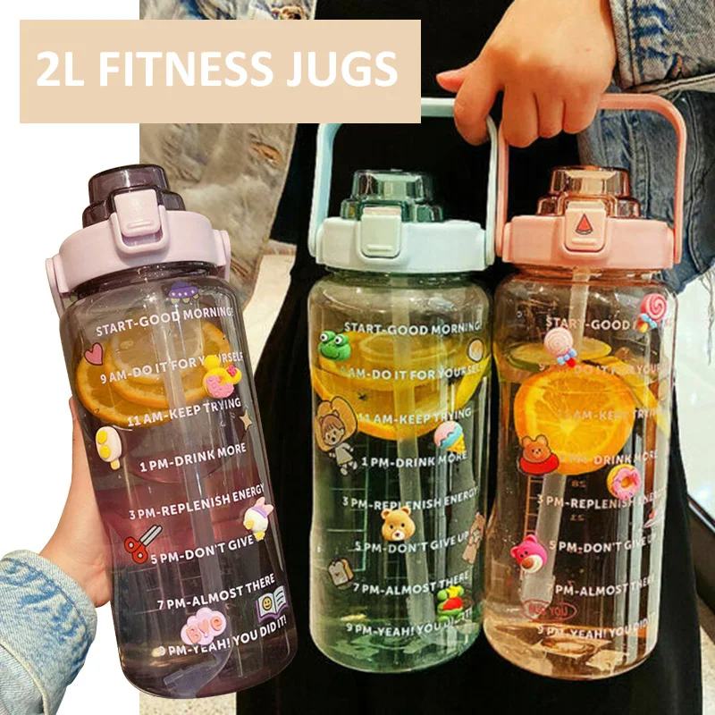 

2L Fitness Jugs With Time Marker Motivational Sports Drink Bottle With Straw Gradient Cup Outdoor Camping Sport Water Bottles