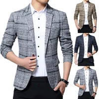 fashion men plaid lapel slim blazer jacket coat one button business suit