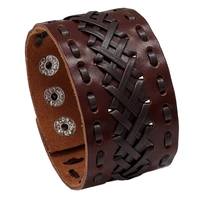 jessingshow punk style bracelets retro genuine leather wide wristband collocation button manual weave bangles unisex jewelry