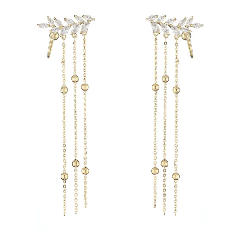 

14K Gold Zircon Tassel Long Earrings for Women 925 Silver Needle Hypoallergenic Ear Bone Clip Bridal Wedding Jewelry Pendant